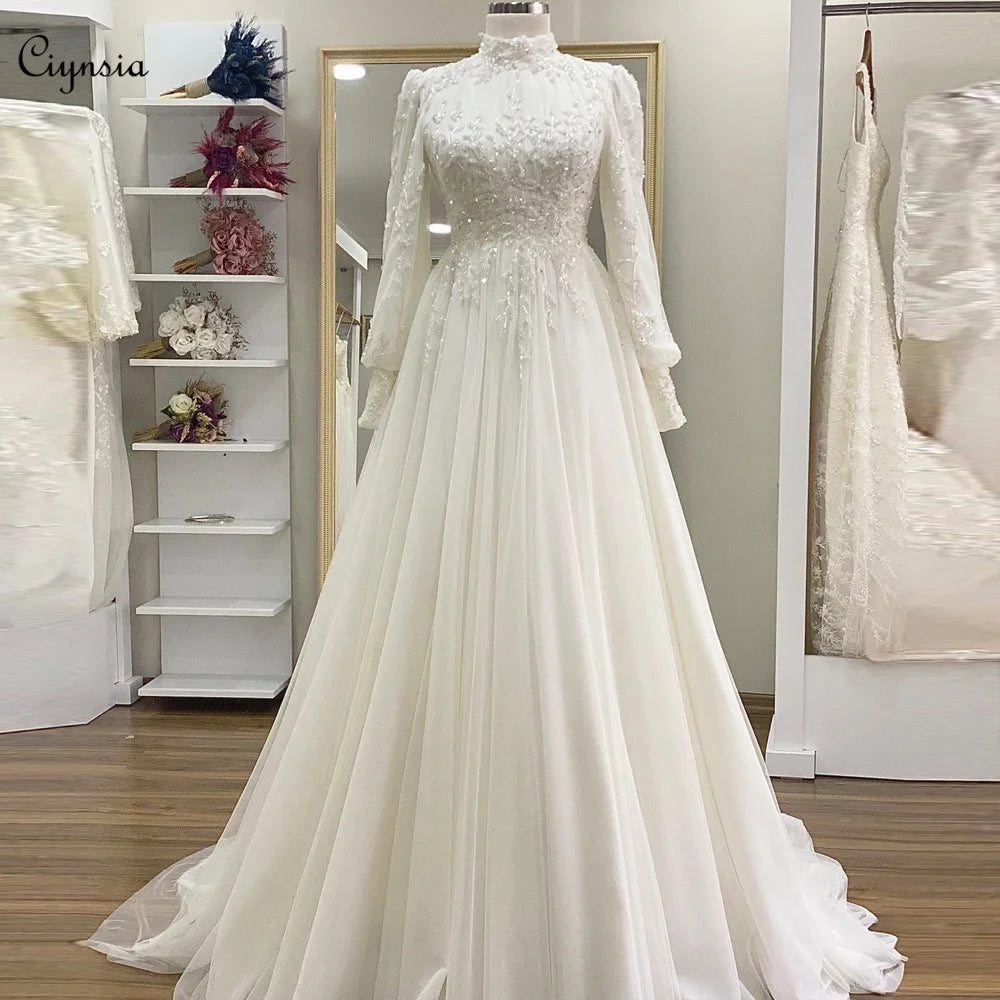 Chic Wardrobe Essentials Elegant Lace Beaded Ivory Wedding Dresses Long Sleeves A-Line Tulle Bridal Gown Sweep Train Muslim Robe De Mariee