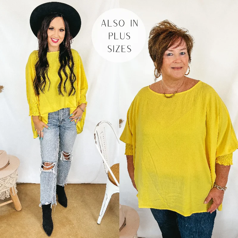 All Season Basics Discount Last Chance Size Small & 1XL (oversized) | Growing and Glowing Smocked 3/4 Sleeve Oversized Blouse in Sunshine Yellow