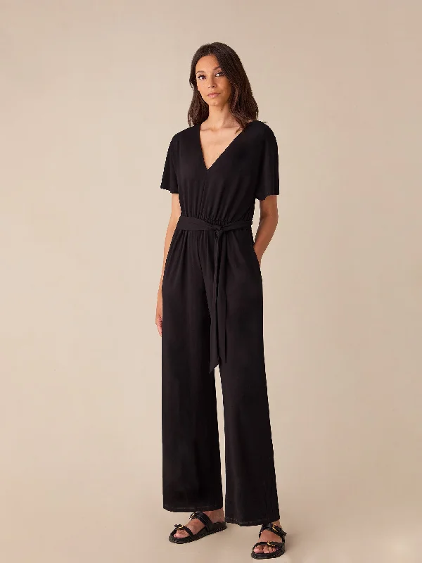 Sophisticated Style Black Jersey Tie Belt Jumpsuit