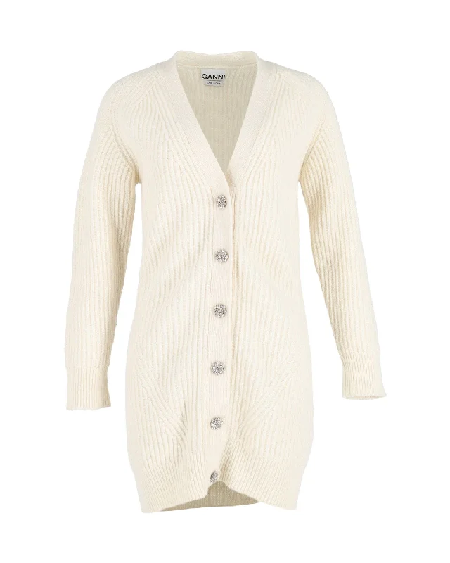 Fashion Forward Ganni Rib-Knit Long Cardigan in Cream Wool