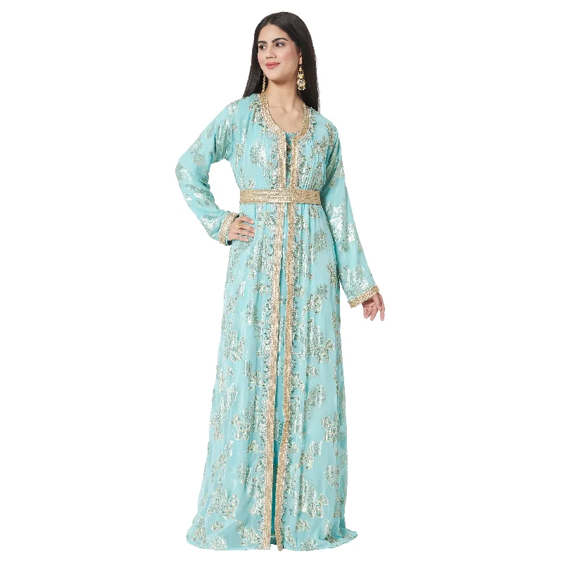 Trendy Street Style Attire Moroccan Caftan Crystal Hand Work on Embossed Brasso Fabric