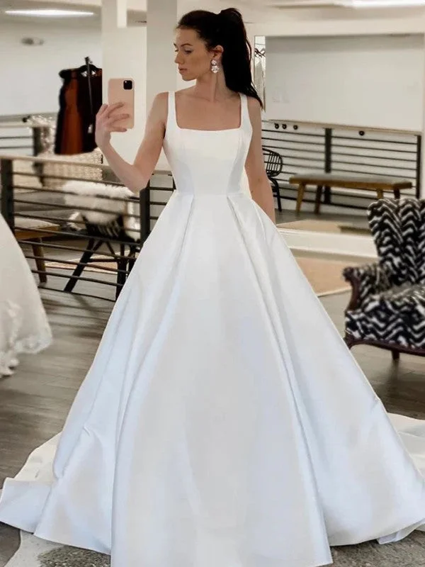 Elevate Your Wardrobe A-Line/Princess Satin Ruched Square Sleeveless Sweep/Brush Train Wedding Dresses