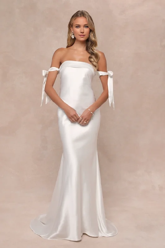 Flash Sale Starts White Cutout Satin Off-the-Shoulder Maxi Dress Wedding Dresses