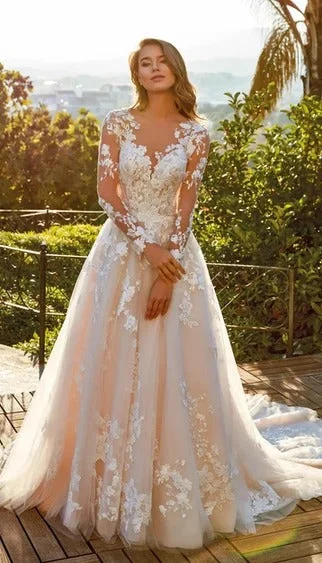 Festival Fashion Elegant Lace A-line Wedding Dress Long Sleeves Bride Gowns Custom Made Applique O-Neck Button Tulle robe de mariée