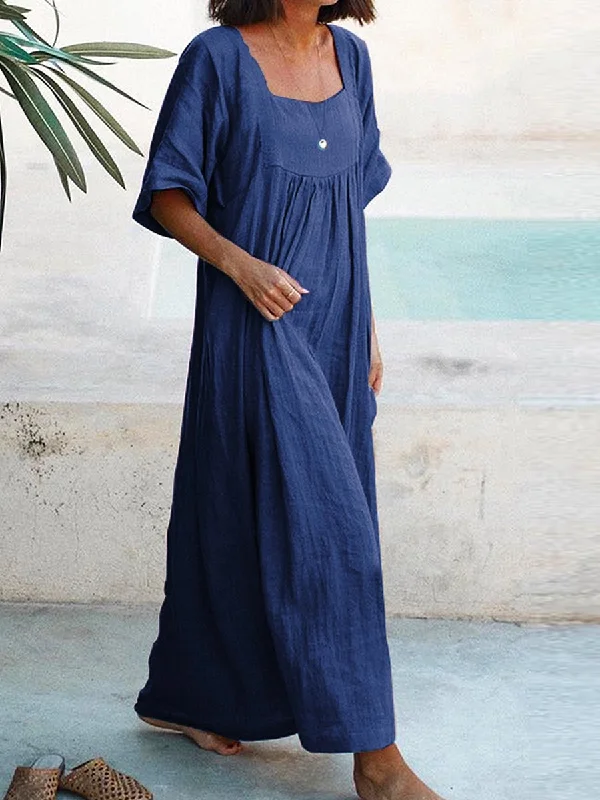 Luxury Women's Fashion Women's Solid Color U-Neck Casual Loose Long Dress