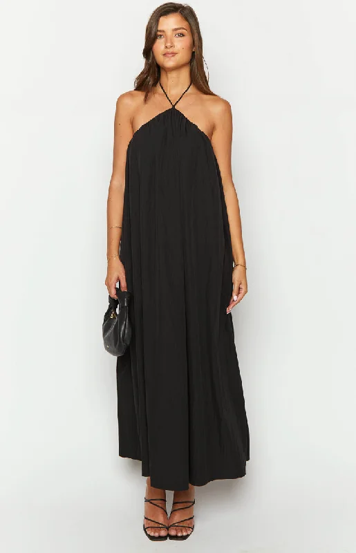 Boho Chic Fashion Ziggy Black Halter Neck Maxi Dress