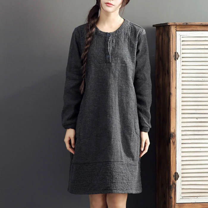 Classic Women's Fashion gray warm cotton linen dresses plus size casual long sleeve mid dress 2024