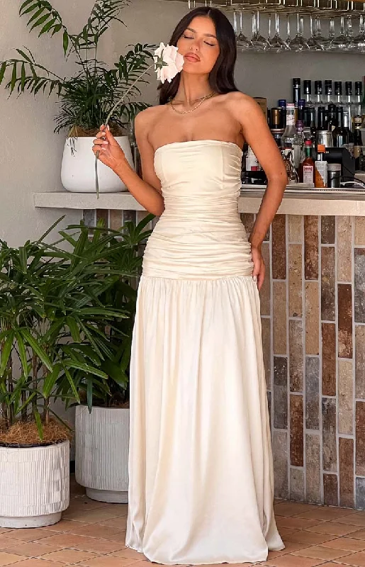 Fashion Forward Sinclair Cream Satin Strapless Maxi Dress