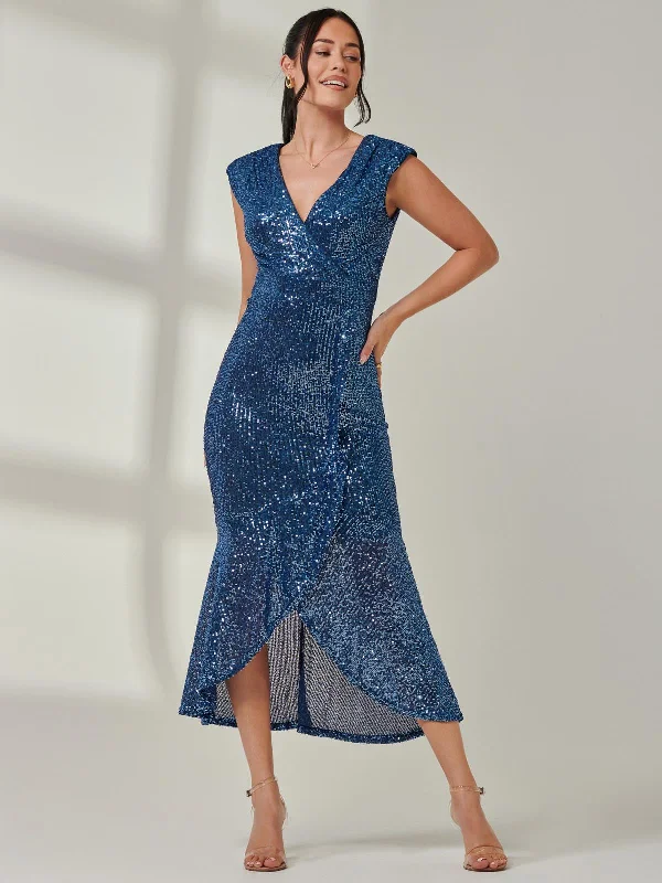 Bold Fashion Sequin Wrap Fishtail Maxi Dress, Navy