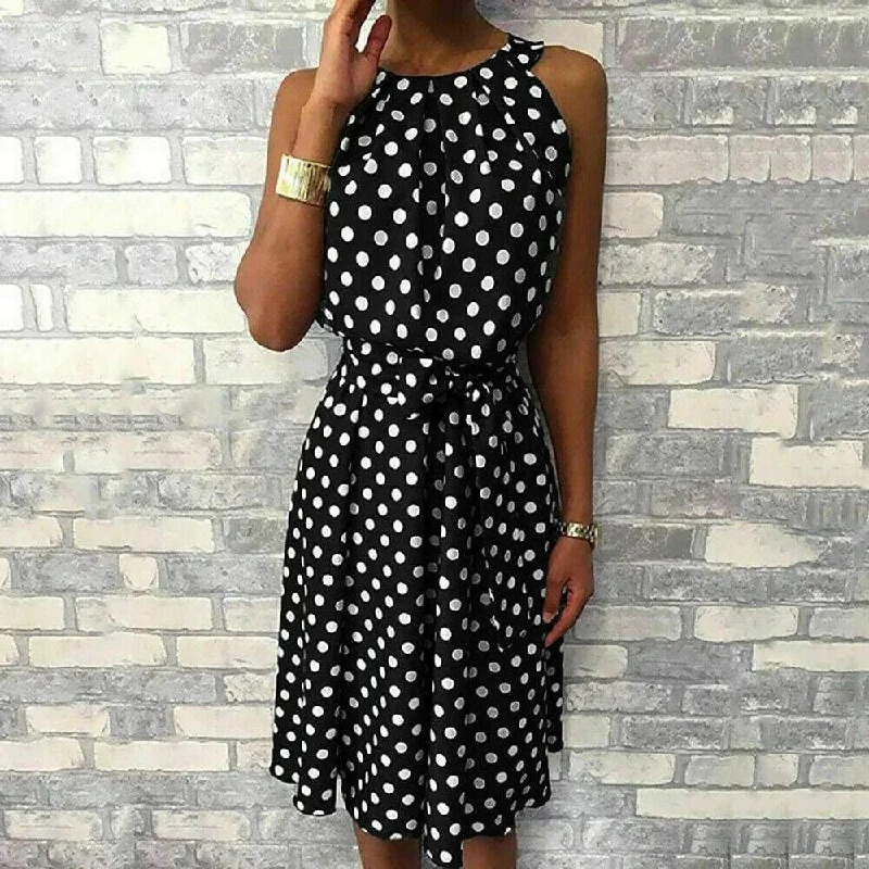 Chic Women's Clothing for Work and Travel FashionSierra - Women Sleeveless Polka Dot Midi Dress 2019 Fashion Ladies Summer Beach Casual Bandage Belt Dress Sundress