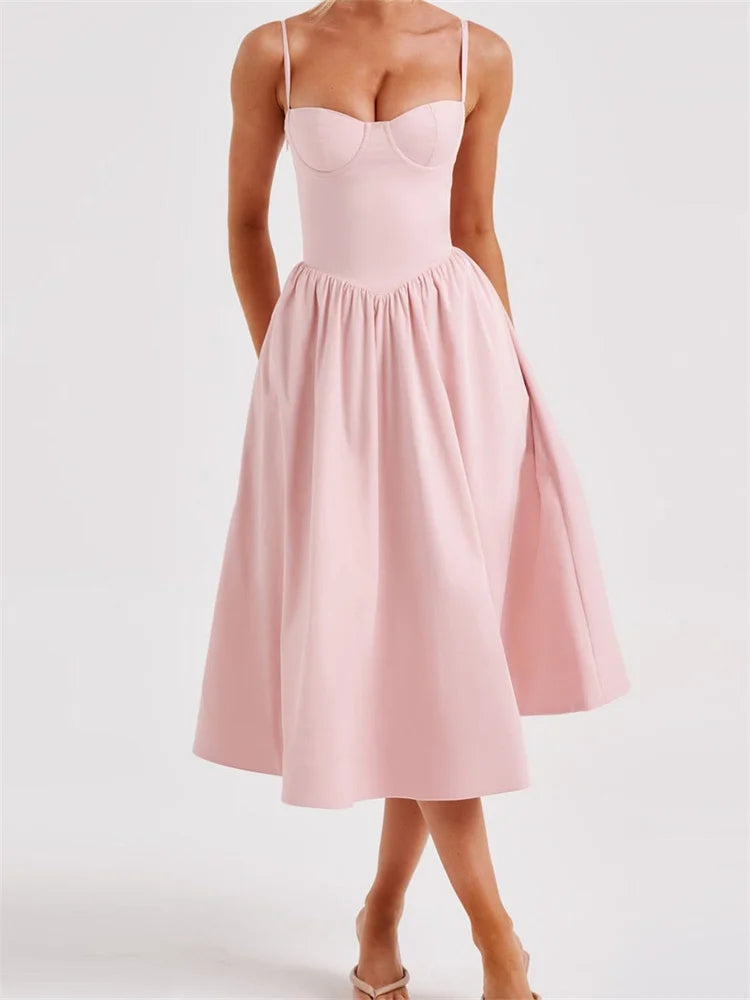 Explore What's New Elegant Solid Color Sleeveless Strap Low Cut Backless Formal Midi Dress