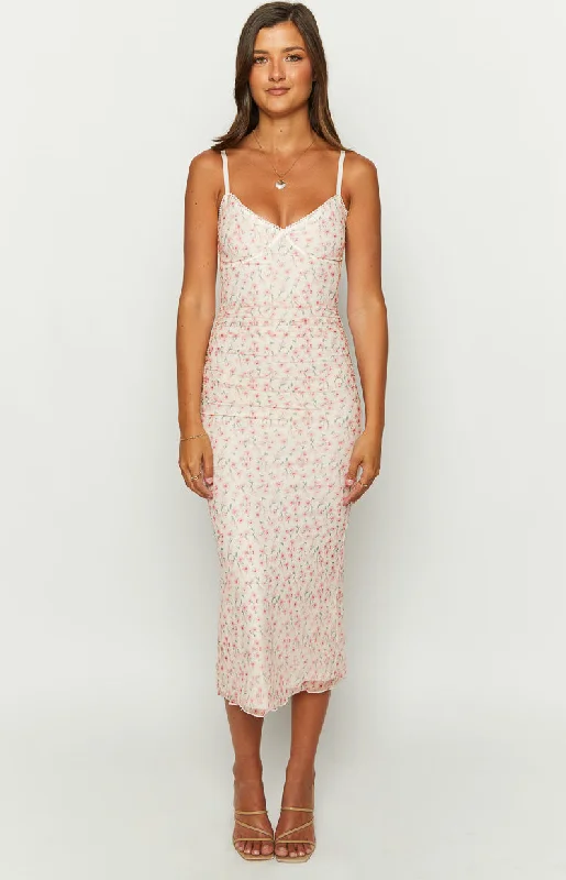 Style Beyond Borders Capri Pink Floral Mesh Midi Dress