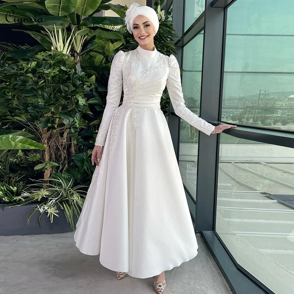 Fresh Styles, Fresh Deals Elegant Hijab Muslim Wedding Dresses Satin Beaded High Neck Dubai Bridal Gown A Line Long Sleeve Vestidos De Novia Short