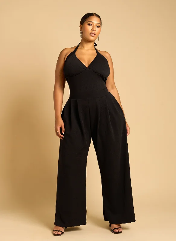 Minimalist Style Adelaine Drop Waist Wide Leg Jumpsuit w. Pockets - Black