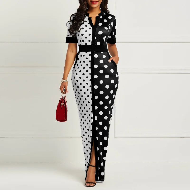 Affordable Women's Clothing Online Summer Front Split Chiffon Maxi Shirt Slim Polka Dot Lady Casual Dress