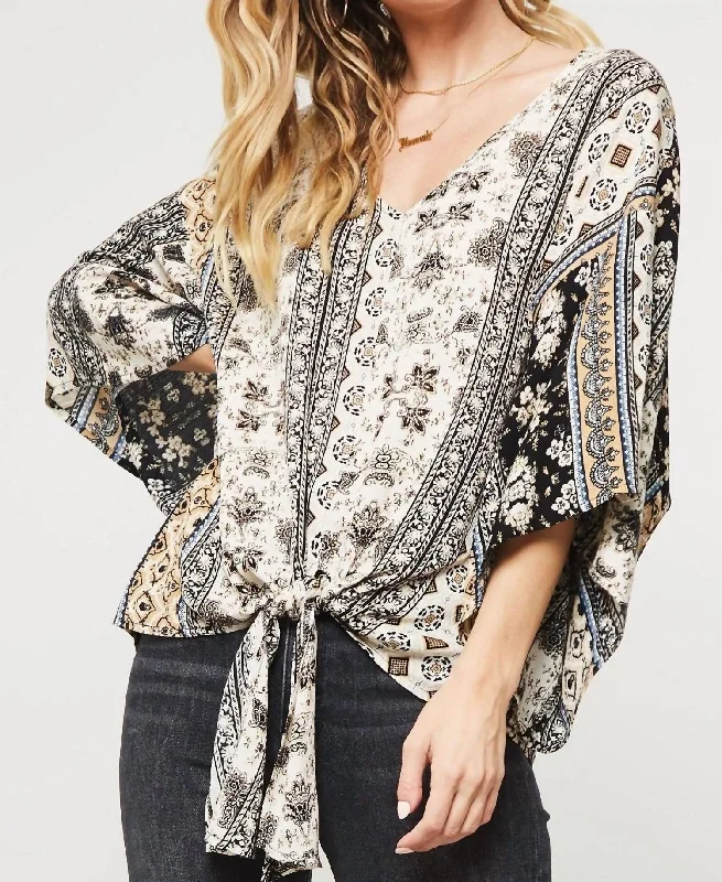 Women's Clothing Boutique Floral Ornate Kimono Blouse In Cream/black