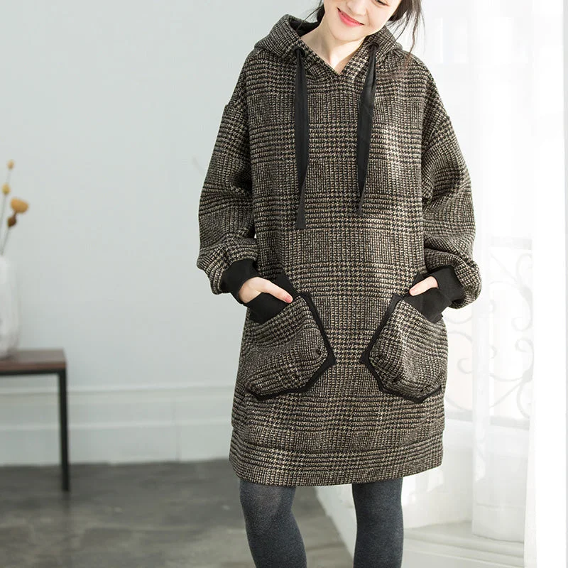 You'Ll Love Us Because Chic Plaid Cotton Tunics Sweets Shape hooded oversized spring Dresses