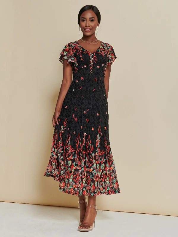 Free Spirited Fashion Mirrored Print Lace Maxi Dress, Red Multi