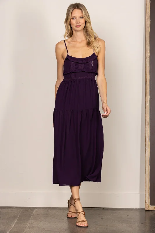 Innovate Your Wardrobe PURPLE CHIFFON SELF-TIE STRAP LACE DETAILED MIDI DRESS ILD0192