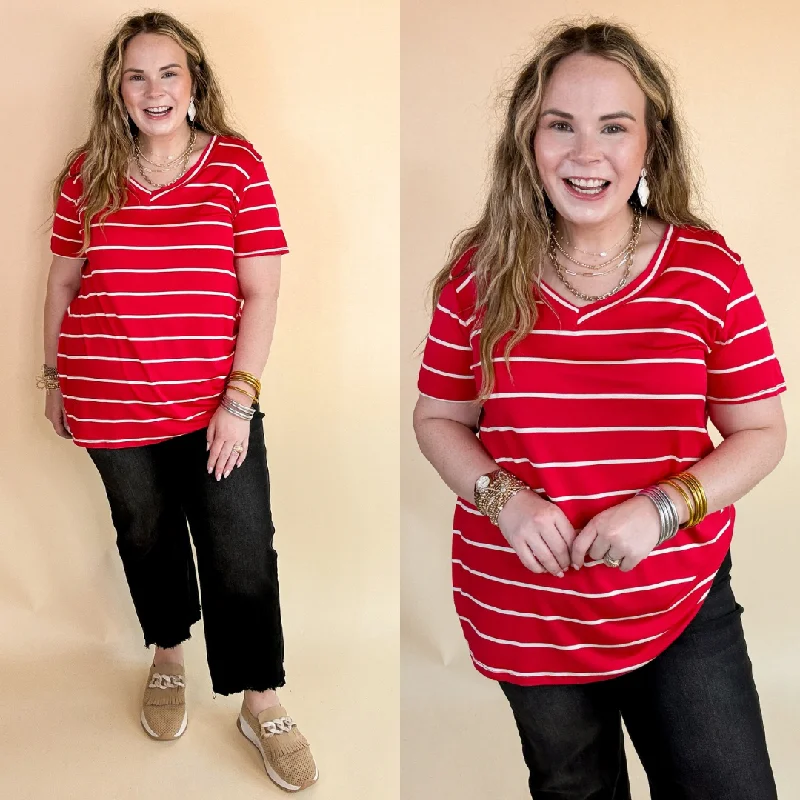 Trendy Street Style Attire Keep Things Casual Striped V Neck Tee in Red