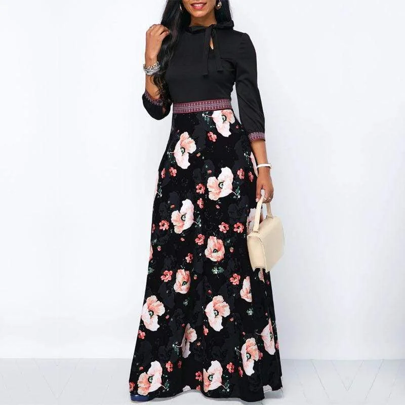 Chic & Cozy Collection FashionSierra - Women Long Maxi Dresses Boho Floral Hollow Neck Three Quarter Sleeve Ethnic Summer Beach Female Stylish Style Dress