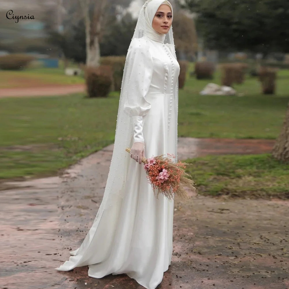 Style Redefined Elegant Satin Abaya Hijab Bride Dress Modest Bridal Dresses for Women Muslim Wedding Gown Pearls Veil Robes De Mariée