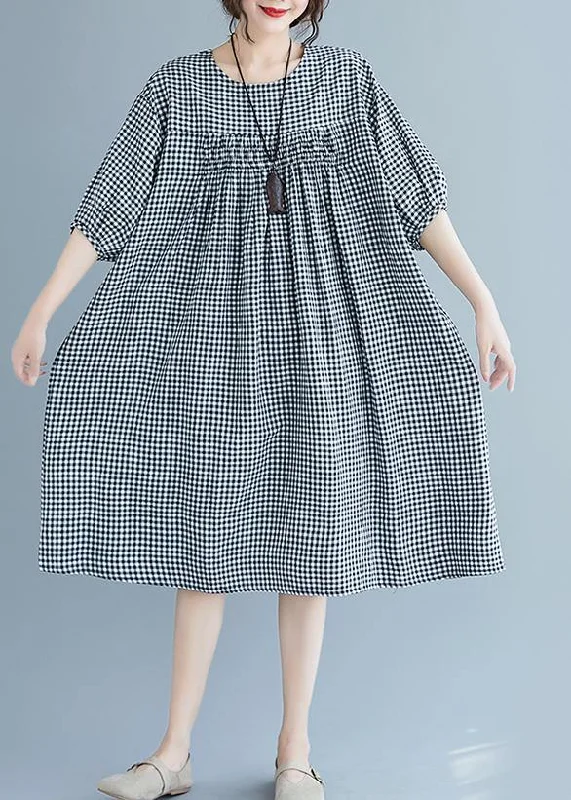 Pastel Styles French o neck lantern sleeve clothes For Women pattern black Plaid Dresses summer