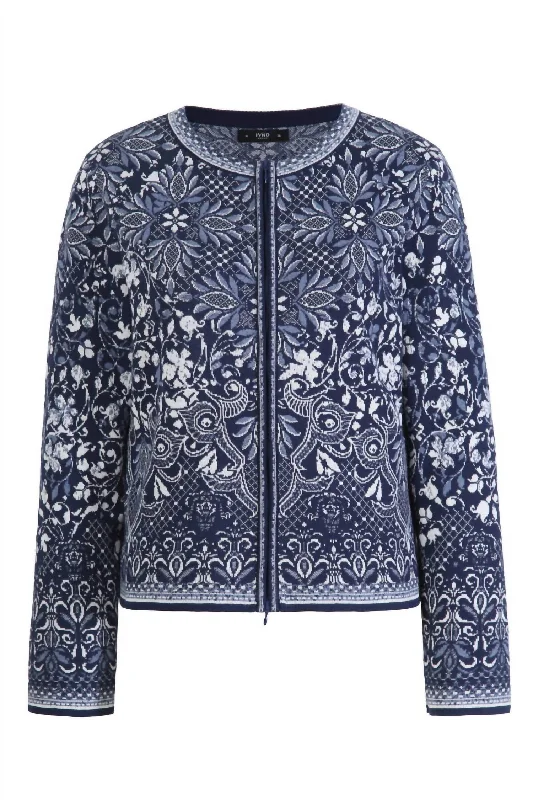 Luxury Women's Fashion Women's Alhambra Pattern Zip Cardigan In Marine