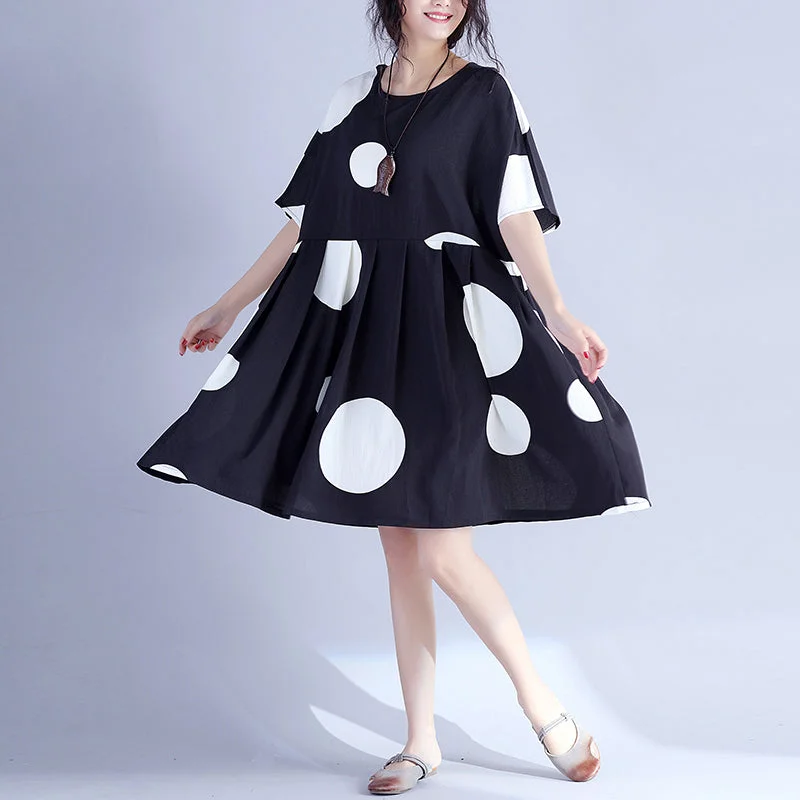 Seasonal Fashion Fine black dotted pure cotton dress oversized cotton maxi dress casual o neck high waist knee dresses