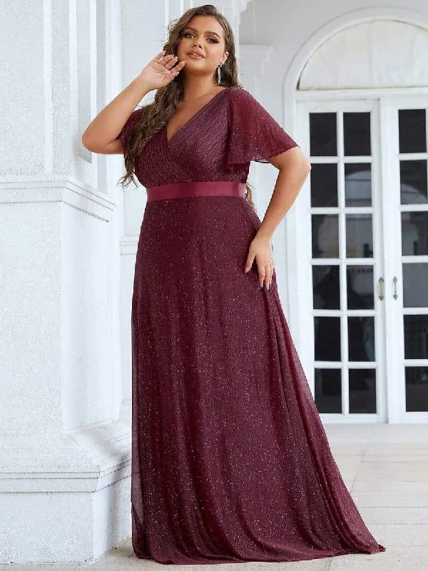 Affordable Fashion for Women Sparkling Short Sleeve V-Neck Ribbon Waist Plus Size Evening Dress