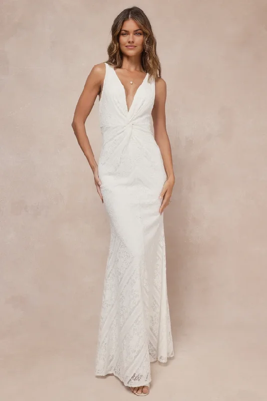 Unique Women's Fashion Pieces White Lace Twist-Front Sleeveless Maxi Dress Floor-length Wedding Dresses