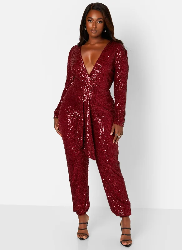 Big Sale Event Empowered V-Neck Long Sleeve Sequin Jumpsuit