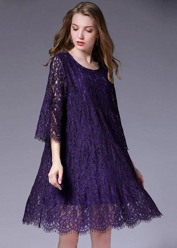 Casual Chic French Purple Half Sleeve Casual Spring Floral Vacation Dresses Half Sleeve