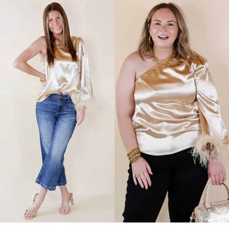 Women's Clothing Sale Full On Fashionista One Shoulder Satin Blouse with Feather Trim in Champagne