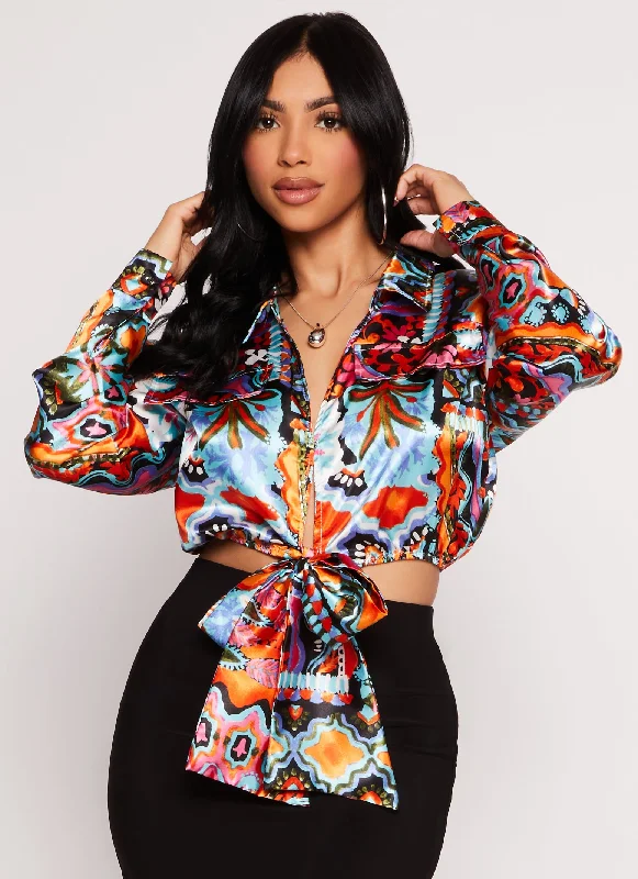 Timeless Classics Satin Printed Long Sleeve Tie Front Blouse