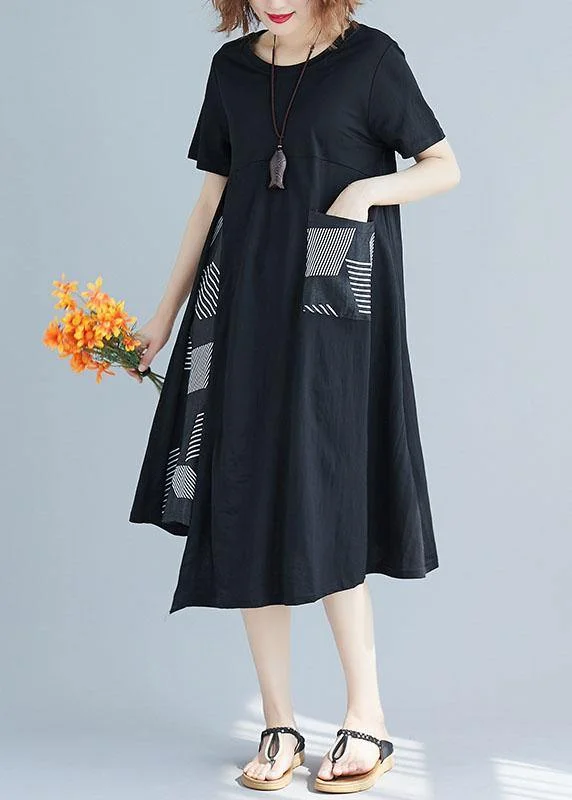 Chic Casual Style Handmade o neck Cotton clothes For Women Sleeve patchwork black prints Dress summer