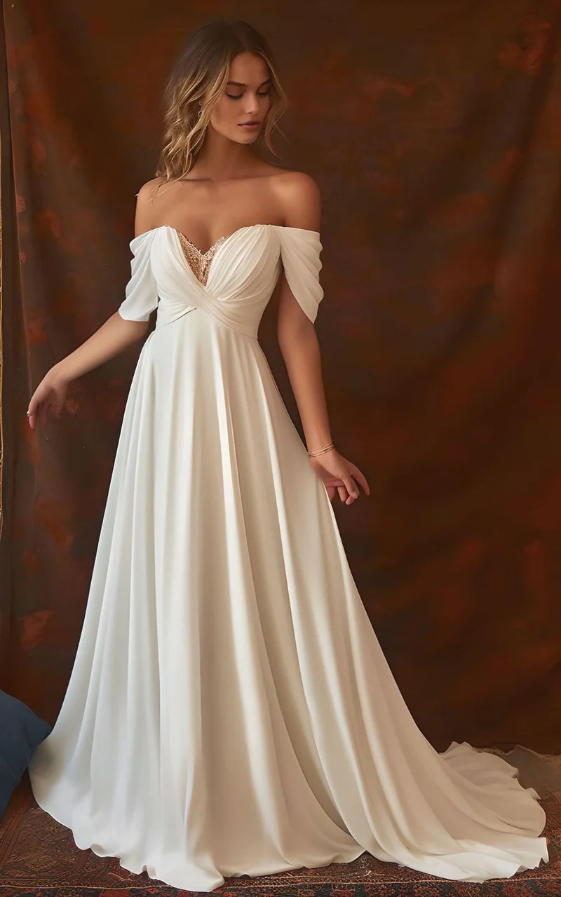 Vibrant Femme Fashion A-Line Chiffon Sleeveless Off-the-Shoulder Wedding Dress with Ruching