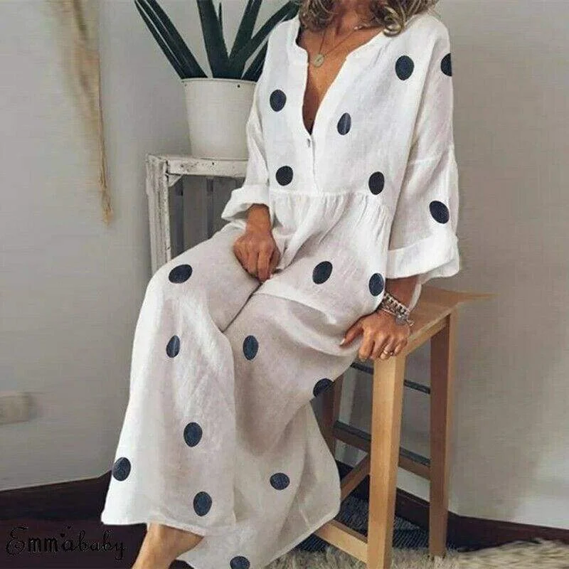 Online Clothing Boutiques FashionSierra - Plus Size Women Boho V-neck Long Shirt Dress Ladies Long Sleeve Casual Summer Holiday Polka Dot Loose Maxi Dress