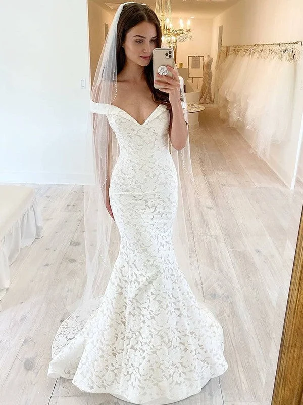 Season Appropriate Women's Collection Trumpet/Mermaid Off-the-Shoulder Lace Applique Sleeveless Sweep/Brush Train Wedding Dresses