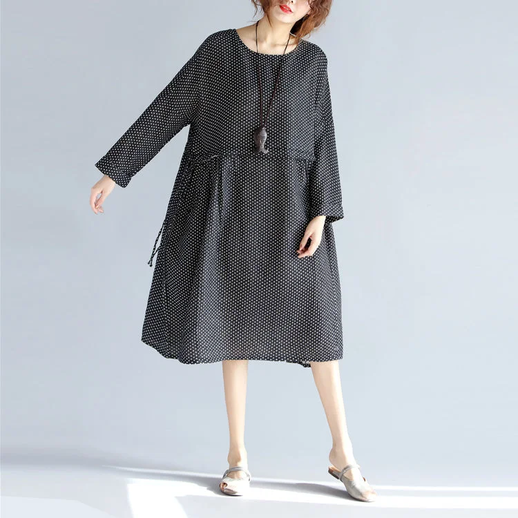 Wardrobe Upgrade Fine black Midi-length cotton linen dress Loose fitting linen cotton dress vintage long sleeve large hem O neck tunic natural cotton linen dress