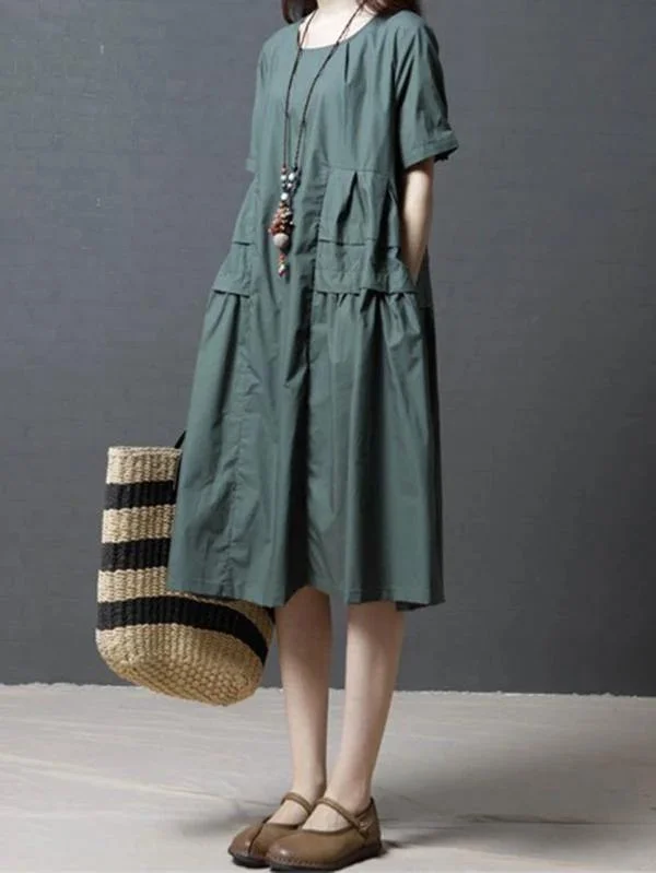 End Of Season Sale French green Cotton Tunics o neck pockets Dresses