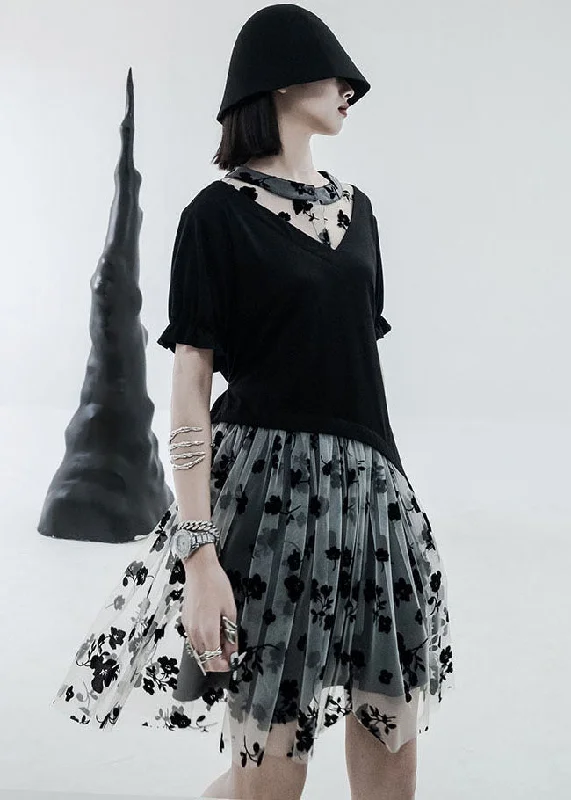 City Fashion Black White Tulle Patchwork Cotton Streetwear Dresses Print Short Sleeve