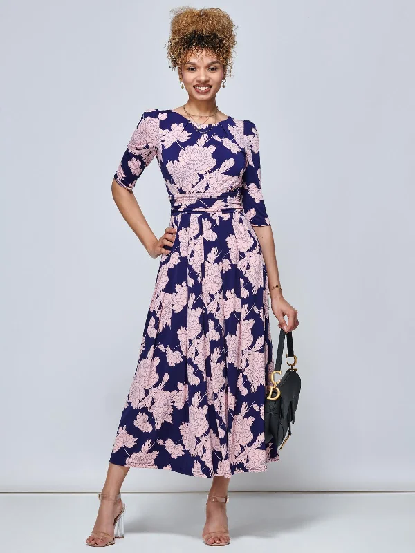 Casual Women's Clothing Online Karla 3/4 Sleeve Jersey Maxi Dress, Navy Floral