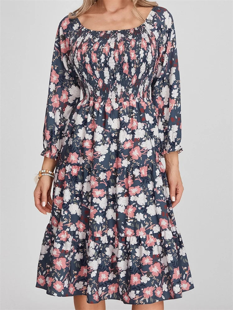 Vintage Women's Fashion Vintage Bohemian Floral Print Long Sleeve High Waist A-Line Midi Dress