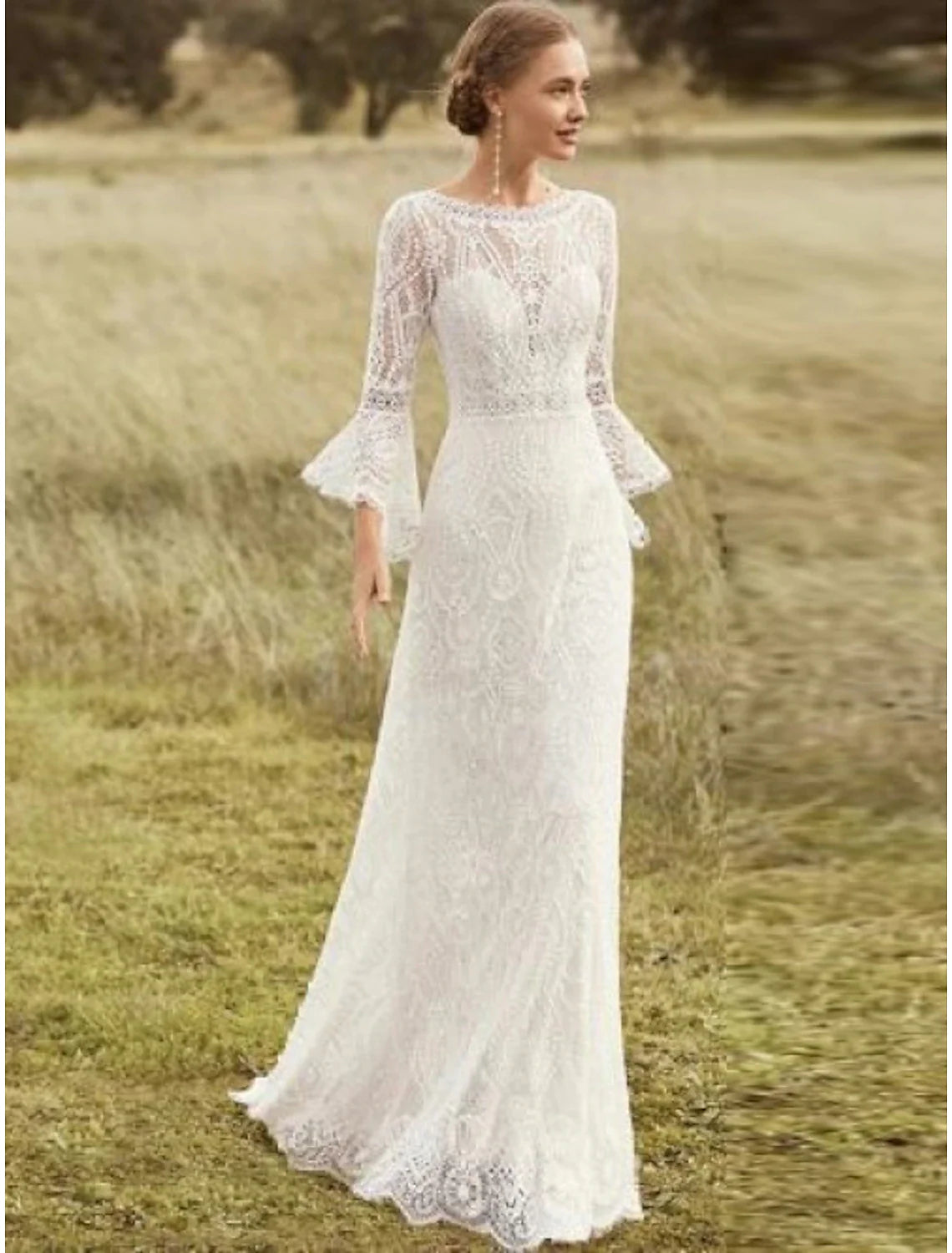 Casual Dresses for Women Beach Boho Wedding Dresses A-Line Scoop Neck Long Sleeve Sweep / Brush Train Lace Bridal Gowns With Lace Solid Color