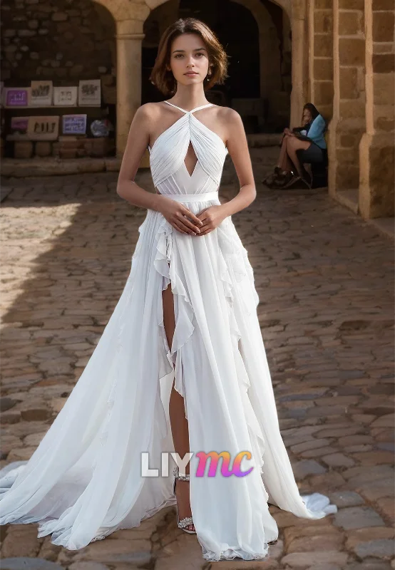 Attire Sale Halter Sleeveless Illusion Chiffon A-Line Beach Wedding Dress