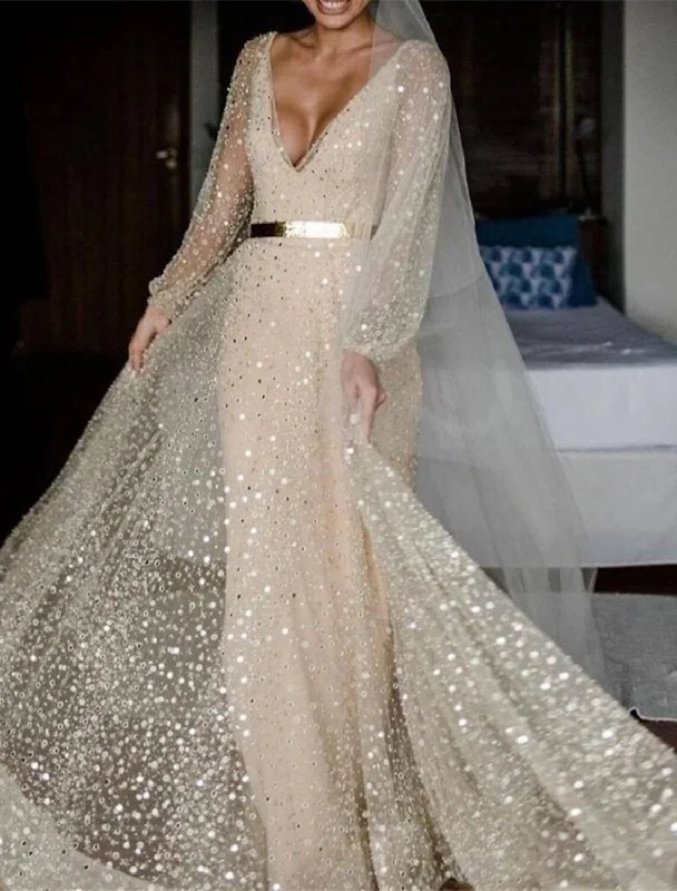 Trendy Women's Dresses Online Bridal Shower Open Back Glitter & Sparkle Wedding Dresses A-Line V Neck Long Sleeve Floor Length Sequined Bridal Gowns With Sash / Ribbon