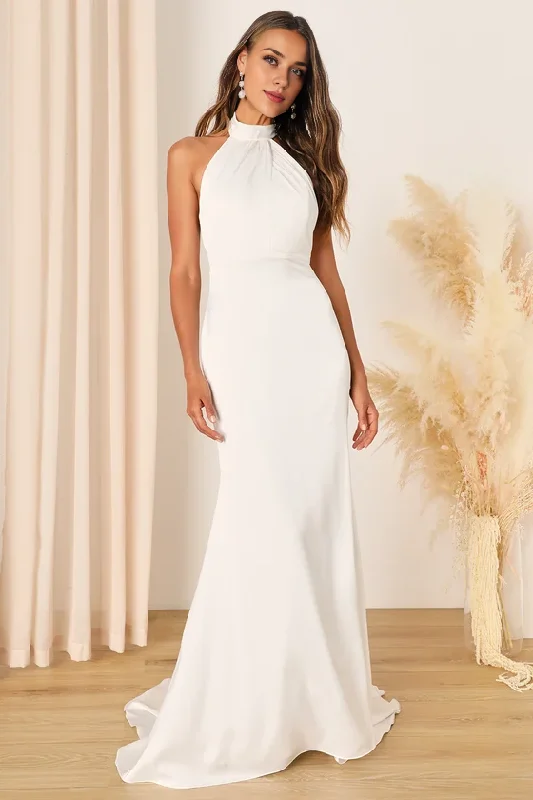 Discover Now White Satin Halter Mermaid Maxi Dress Chapel Train Wedding Dress