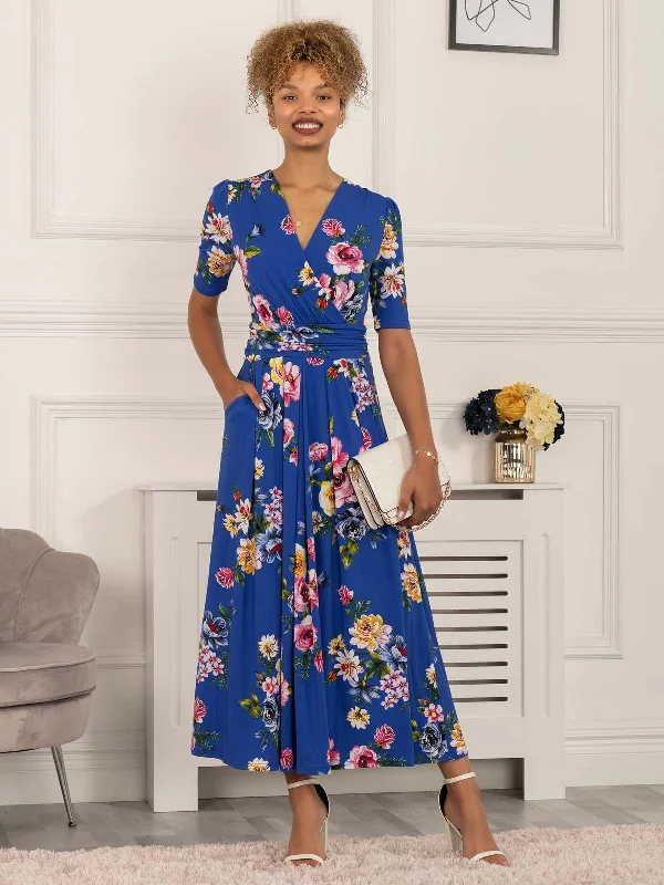 Laid-Back Elegance Paislyn Pleat Jersey Maxi Dress, Blue Floral