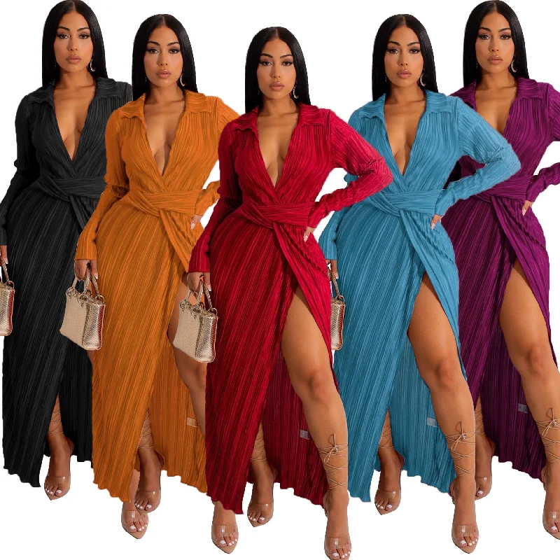 Best Clearance Sales Right Now Trendy Women Clothes Fashion Dresses  Split Dress V Neck Long Sleeve Fall Winter Sexy Women Maxi Pleated Dresses